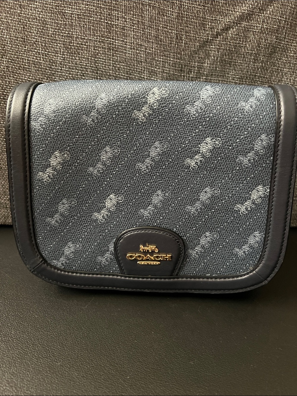 Coach Navy Signature Canvas Crossbody with Gold Logo Plaque